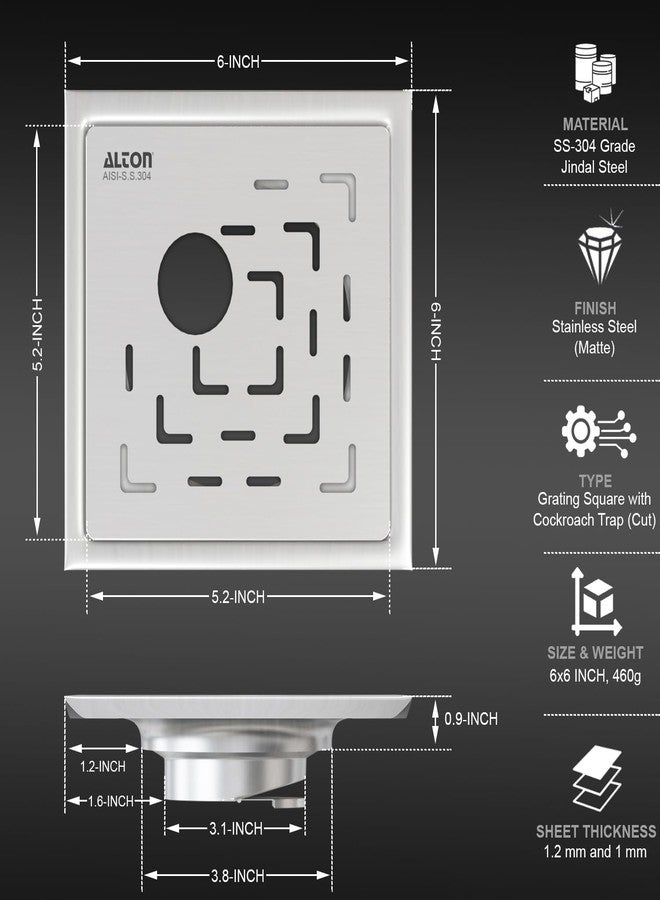 ALTON ALD1002, SS-304 Grade, 6x6 INCH Cut, Bathroom Grating Square Floor Drain Jali with Cockroach Trap, Matte - Image 2